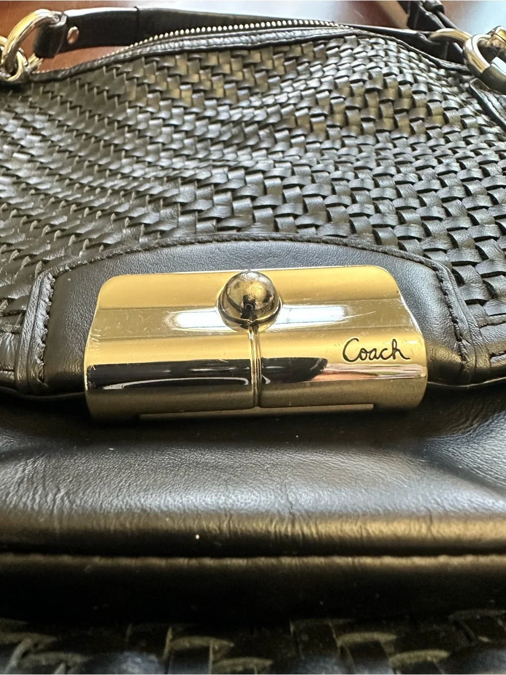 Coach Black Woven Leather Shoulder Bag with Silver Hardware Kristen‎